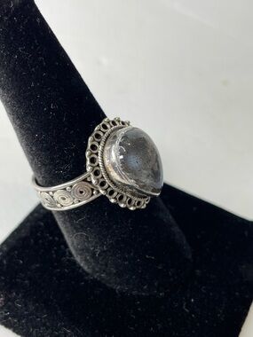 Sterling Silver Teardrop Opal Ring - Iridescent Rainbow Moonstone -Size 8.25